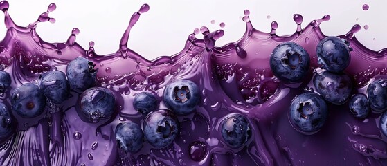 Close shot of blueberry juice with berries on it splashing and water bubbles with a big space for text or product advertisement, Generative AI.