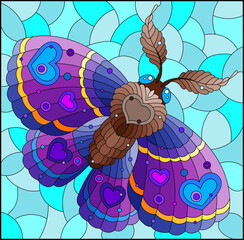 tained glass illustration with a cute moth on a blue sky background