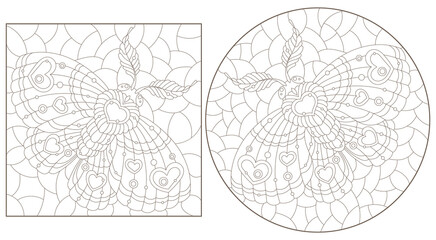 et of contour illustrations in the style of stained glass with a cute moths, dark outlines on a white background