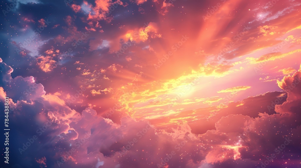 Poster a beautiful scene of the sun shining through fluffy clouds. perfect for nature or weather concepts