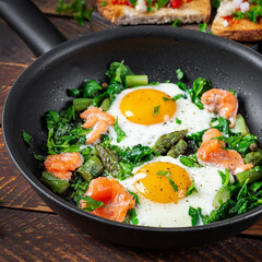 Keto breakfast. Fried eggs  with asparagus, spinach and salmon. - 784438861