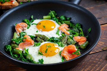 Keto breakfast. Fried eggs  with asparagus, spinach and salmon. - 784438873
