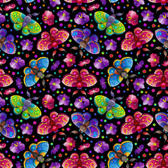 Seamless pattern with bright moths and orchid flowers, on a dark background