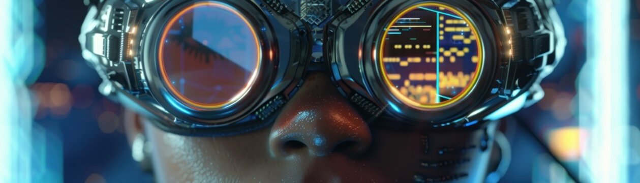 A close up of a person wearing steampunk goggles.