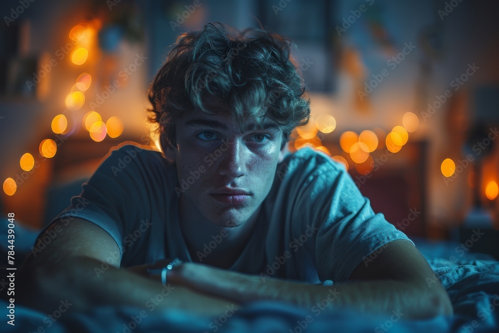 Poster a serene capture of a person deep in sleep, with soothing bokeh lights creating a dream-like atmosph