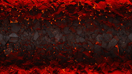 Coal background with red lava gaps between the stones. Mainers underground with atmospheric red light. Red lava cracks and rocks. © SlavoArtist