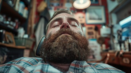 A man with a beard enjoying music in a barber shop. Ideal for barber shop or music related designs