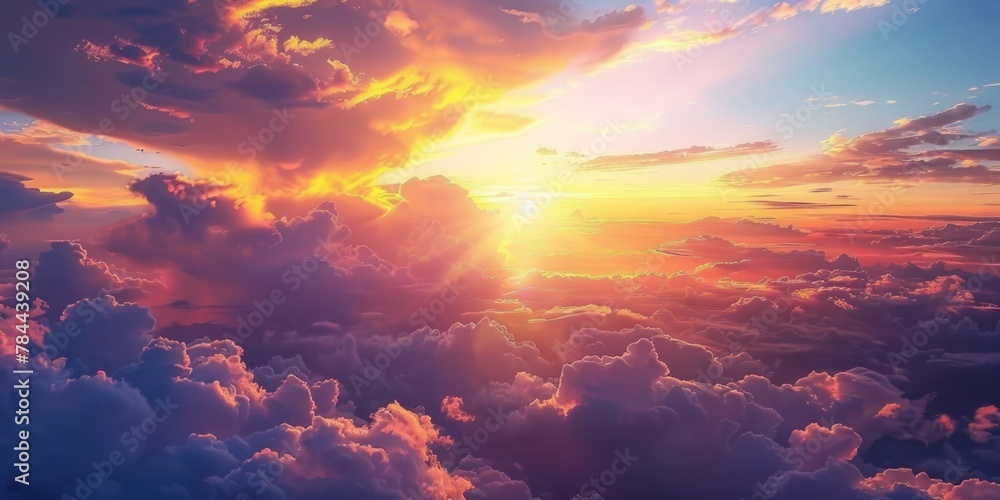 Poster sun setting over clouds with vibrant colors, perfect for travel or nature concepts