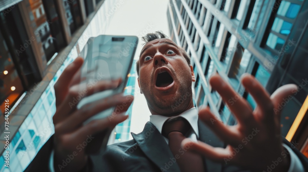Poster a man in a suit taking a selfie with his cell phone. suitable for business and technology concepts