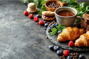 A scrumptious breakfast of croissants, berries, and coffee served on a dark surface creating an...