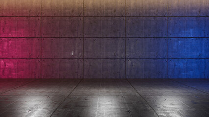 Atmospheric colorful light in the concrete futuristic underground showroom with blue and violet...