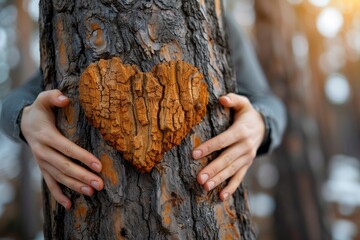 Two hands embracing a tree trunk with a naturally formed heart-shaped bark against a blurred forest...