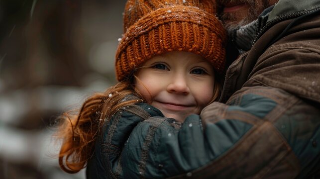 A man holding a little girl in the snow, suitable for family and winter themed designs