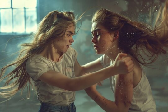 Two young girls having a physical altercation. Suitable for illustrating conflicts or disagreements