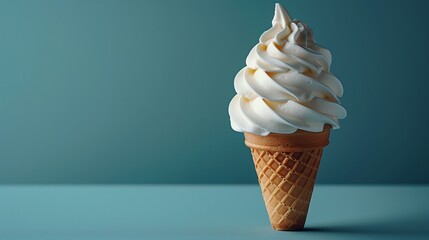 A 3D sticker of a delicious ice cream cone, positioned on a solid blue background, appealing to...