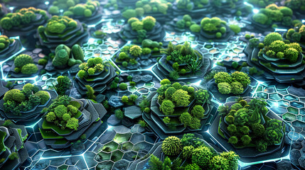 Interlocked hexagons with diverse biomes illustrate nature's connectivity.