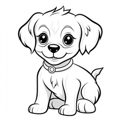 Fototapeta premium Isolated black outline cartoon sitting dog on white background. Curve lines. Page of coloring book.