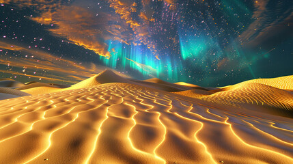 Pixel-lit dunes under a sky of digital auroras, a desert alive with vibrant tech colors.