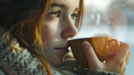 A woman enjoying a cup of coffee. Perfect for coffee shop promotions