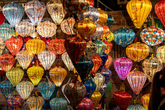Colorful lanterns spread light on the old street of Hoi An Ancient Town, Vietnam