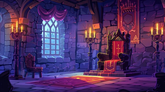 Ballroom interior in medieval palace with royal throne, knights in metal armor, tapestries with candles in candelabra on stone walls, game background.