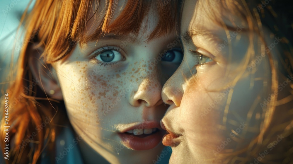Poster close up of two children with freckles on their faces. suitable for family and diversity concepts
