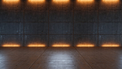 Atmospheric light in the modern futuristic underground showroom with a concrete wall. Empty space...