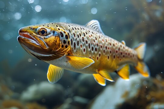 A close-up image emphasizing the texture and pattern on the skin of a trout in a natural underwater setting