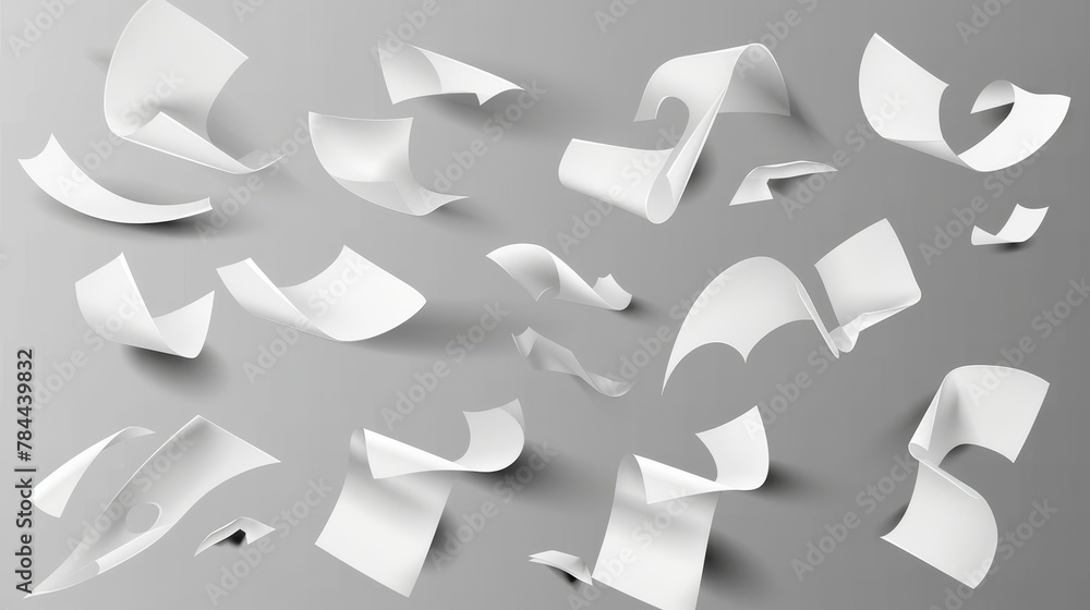 Poster a realistic 3d modern illustration of a falling and flying group of empty white sheets, scattered no
