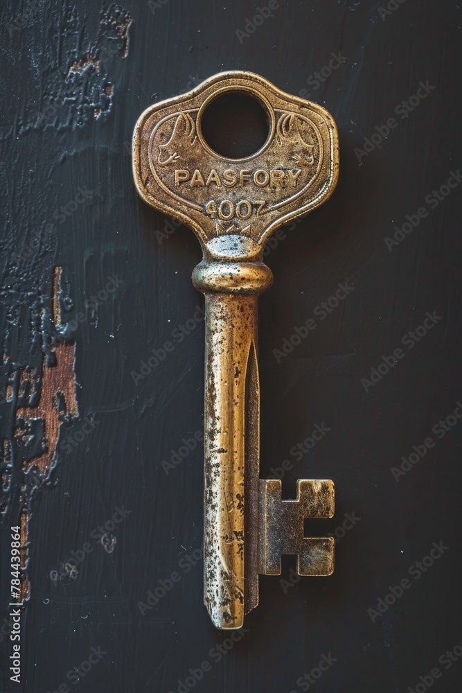 Poster a detailed close up of a key on a door. ideal for security or home concept