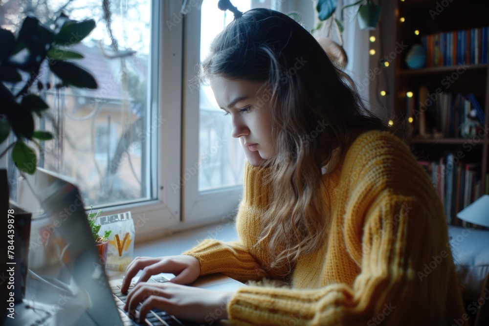 Poster woman sitting in front of a laptop computer. suitable for business and technology concepts