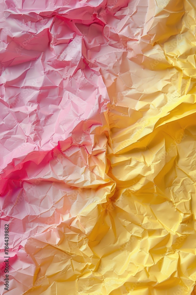 Poster close up of yellow and pink crumpled paper. ideal for backgrounds or texture use