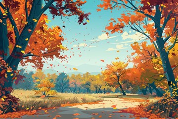 Naklejka na ściany i meble Beautiful autumn landscape. advertising banner. Colorful foliage in the park. Falling leaves. background, generative ai