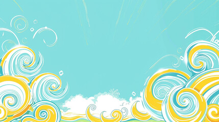 Fototapeta na wymiar Sunny yellow and sky blue swirls create a lively beach-themed hand-drawn border.