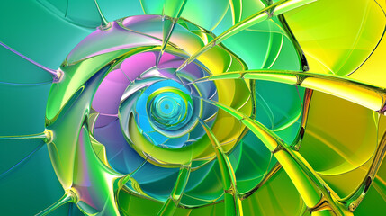 Refreshing abstract glass spiral in neon green and yellow shades fade to cool blues.