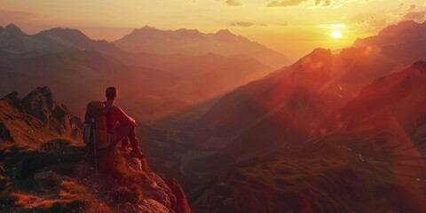 A man sitting on top of a mountain at sunset. Ideal for travel and adventure concepts