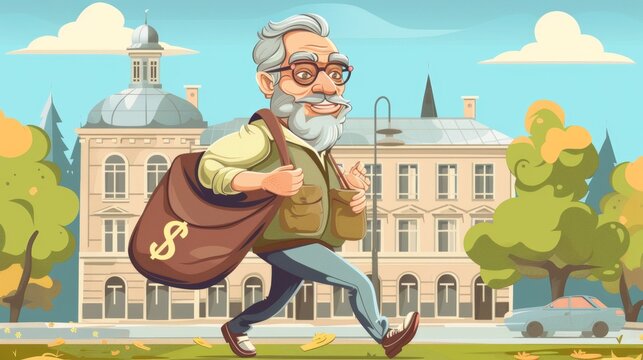 Modern cartoon illustration of an elderly man with a big bag with a dollar sign walking along a city street. Retirement care investment, pensioner insurance banner.