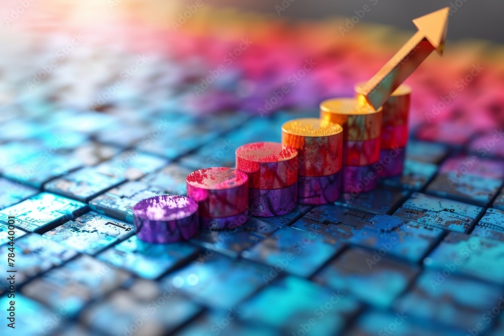 Poster an imaginative representation of rising economic growth using a colorful chart and computer keyboard