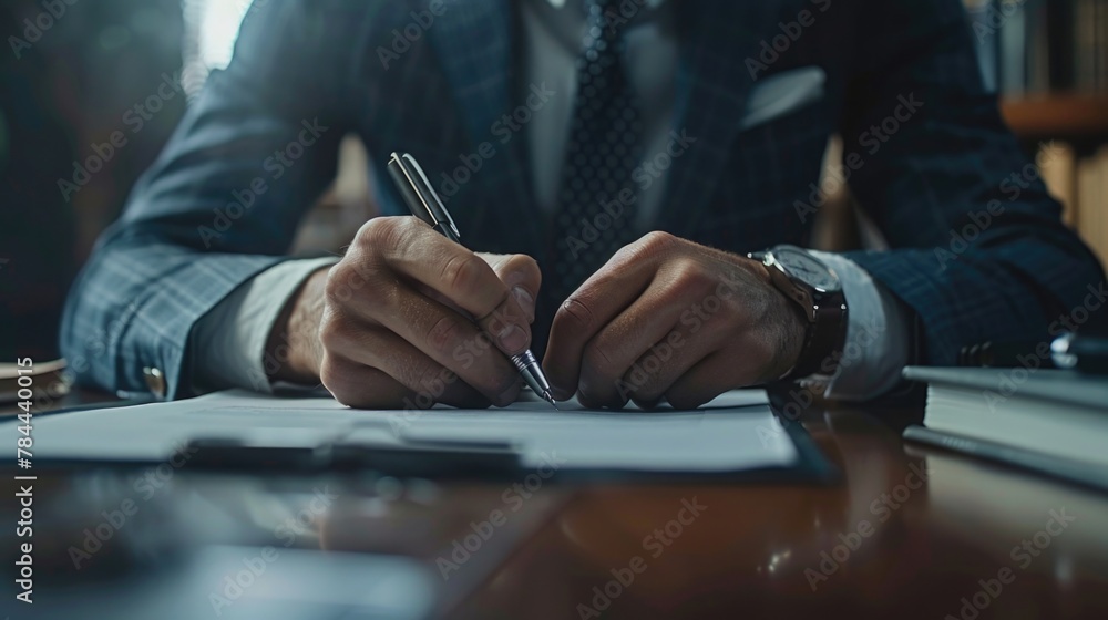 Poster man in a suit writing on a piece of paper, suitable for business concepts