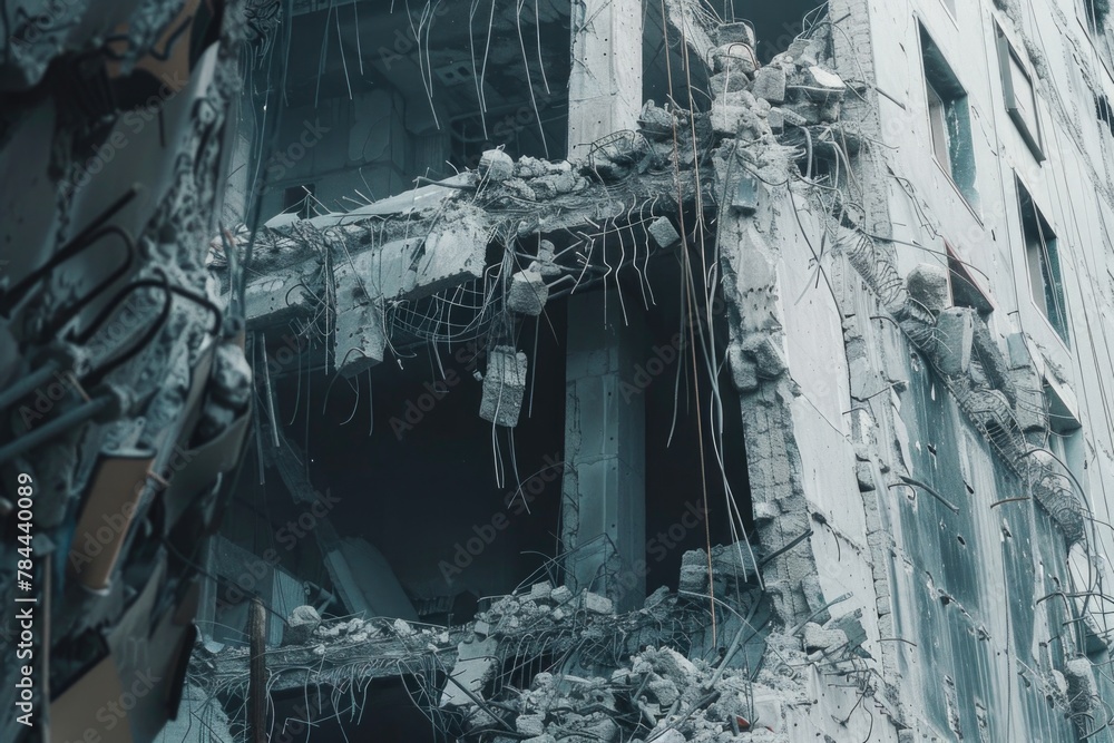 Poster a building covered in debris, suitable for concepts of destruction and urban decay