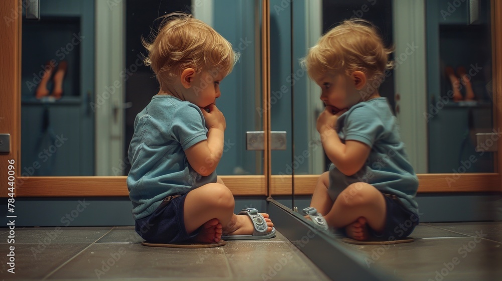 Poster A little boy sitting on the floor in front of a mirror. Suitable for concepts of self-reflection and childhood innocence