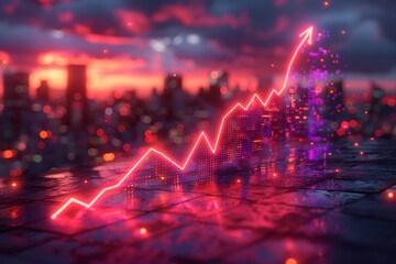 A vibrant digital visualization of stock market growth with a glowing arrow ascending over a fictional cityscape