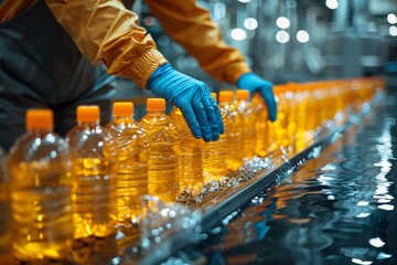 Image of a manufacturing employee quality checking a line of bottled cooking oil in a modern factory setting - obrazy, fototapety, plakaty