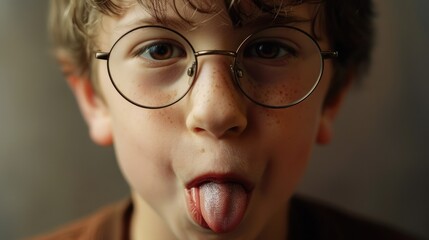 Young boy wearing glasses making a silly expression. Suitable for humor and education themes - obrazy, fototapety, plakaty