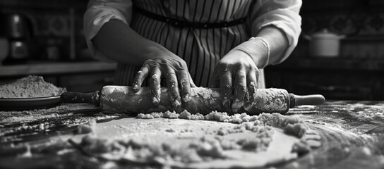 A black and white photo of a person kneading dough. Suitable for bakery or cooking concepts
