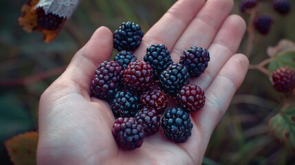A person holding a handful of blackberries. Suitable for food and nutrition concepts - obrazy, fototapety, plakaty