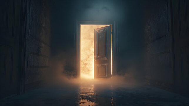 A partially opened door with glowing light symbolizing opportunity, change or discovery.