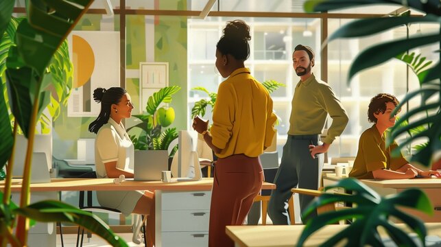 Group of Diverse Professionals Collaborating in a Modern Green Office Environment with Natural Light and Indoor Plants