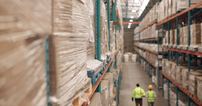 Delivery, logistics and supply chain with warehouse team walking together to check stock or storage. Distribution, product or shelves with factory collaboration of man and woman in plant from back