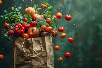 A vibrant and inviting image of a brimming paper grocery bag with vegetables and fruits on a dark teal background - Powered by Adobe